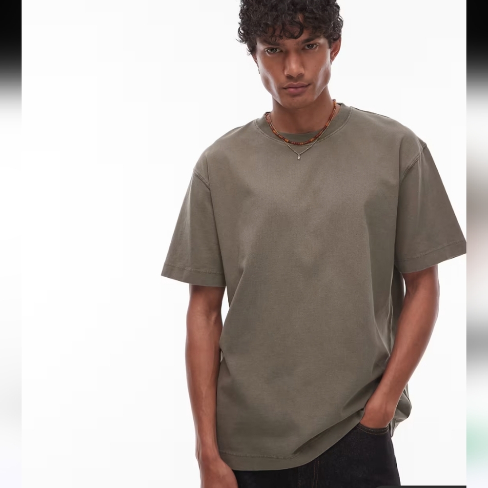 Topman Men's Washed Khaki Green Oversized Fit Short Sleeve Tee - Size L